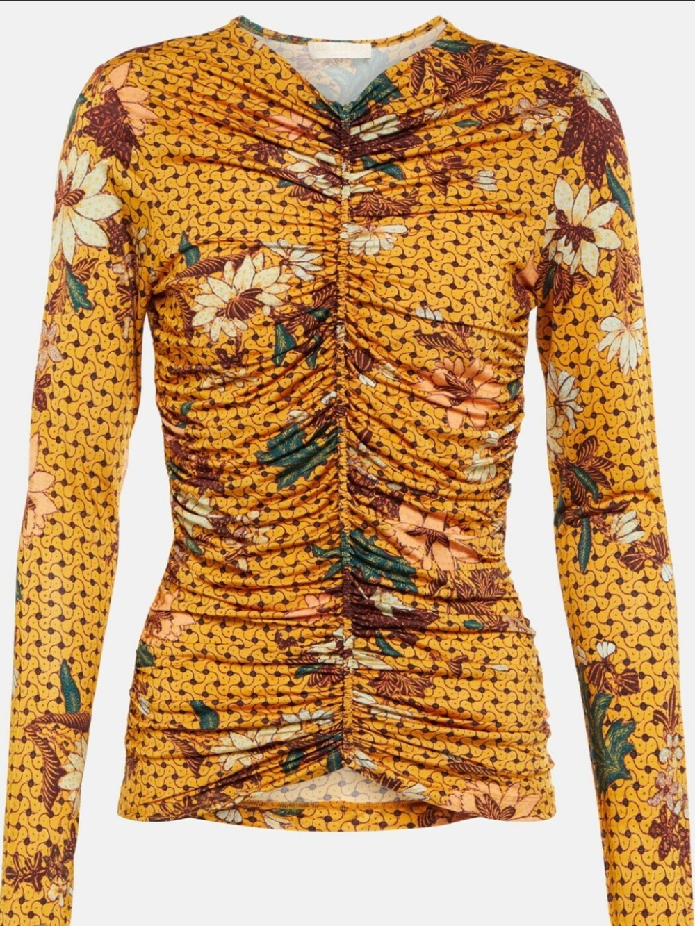 Ulla Johnson Eileen Top Printed Ruched Long Sleeve in Orange & Brown